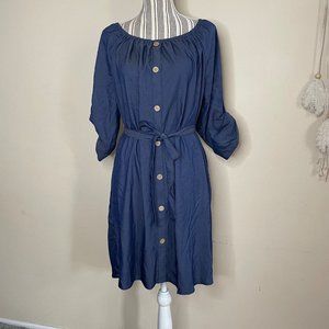 NEW Mlle Gabrielle Fold Tab Sleeves Chambray Casual Dress With Tie Belt Size XL